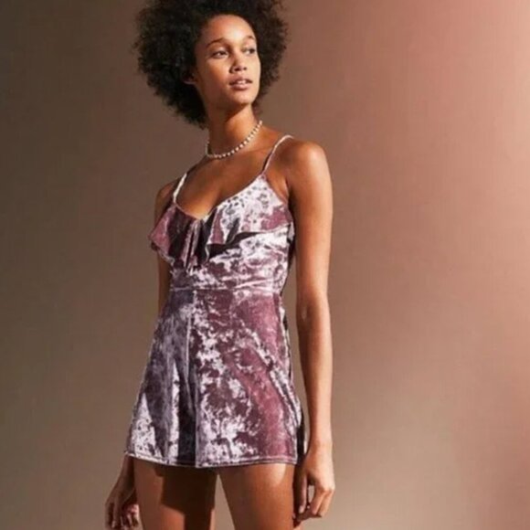 Urban Outfitters Pants - Urban Outfitters Purple Velvet Open Back Flutter Top Short Romper Womens Small